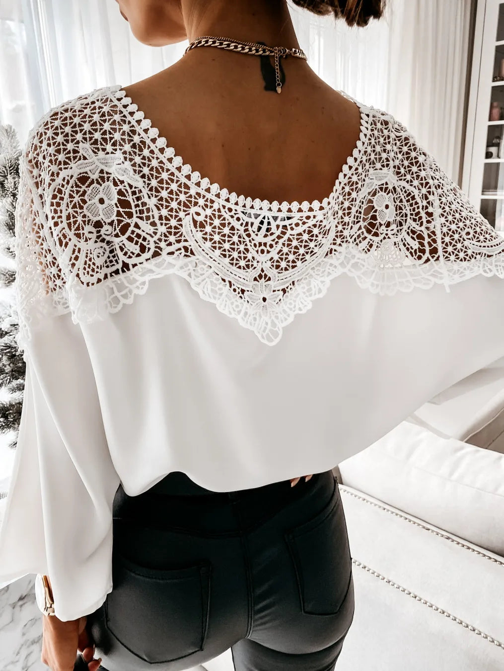 Women's Blouses T-shirt Long Sleeve Lace Stitching White Office Loose Elegant Black Shirt for Women