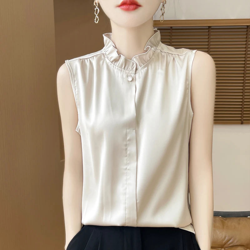 Women's T-shirt Ruffled Stand Collar Sleeveless Tops Loose Spring Summer Solid Tops Innerwear Casual Silk Ladies Tees Undershirt