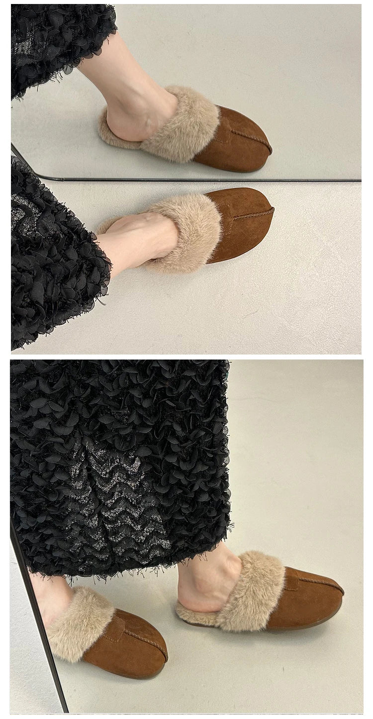 Fur Flats Women Cotton Slippers Fashion Warm Shoes Winter Short Plush Designer Cozy Woman Boots 2025 New Dress Mujer De Boots