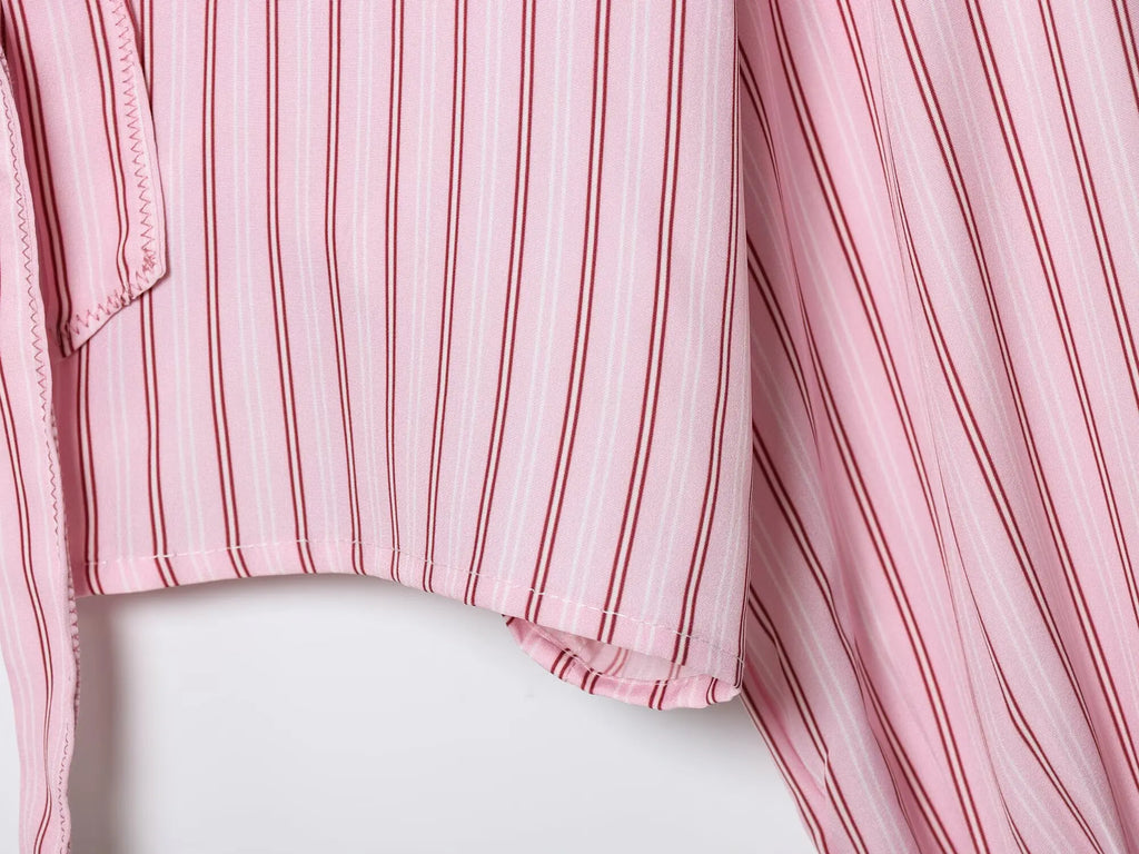 Women Striped Printed Lace-Up Shirt With Bow New Puff Long Sleeves V-Neck Hollow Out Blouses Sweet Ladies Fashion Tops