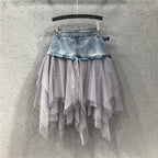 Women's Tulle Stitched High-waisted and Slim-fitting Retro Denim Skirt for Women Spring, Summer and Autumn