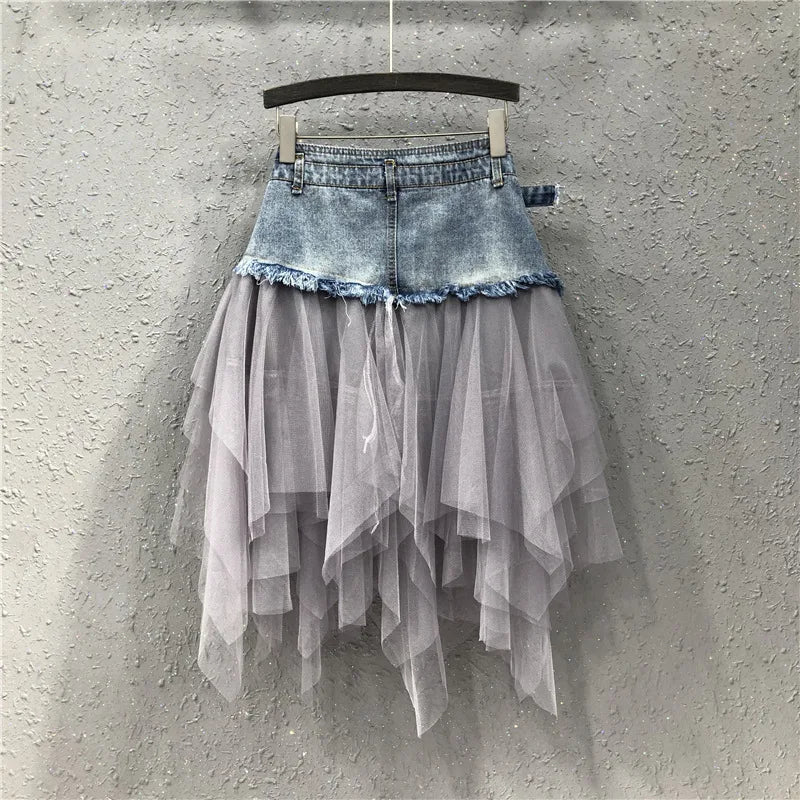 Women's Tulle Stitched High-waisted and Slim-fitting Retro Denim Skirt for Women Spring, Summer and Autumn