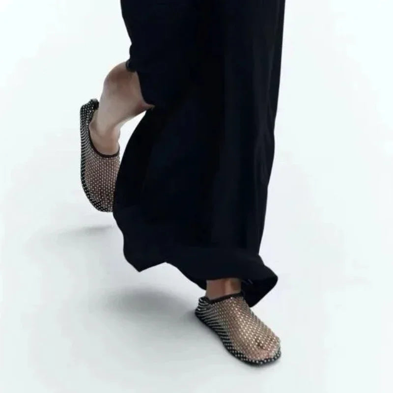 New Women's Flat Shoes Summer Women Sandals Hollowout Elastic Fishnet Socks Slippers Water Diamond Sexy Flat Shoes Zapatos Mujer