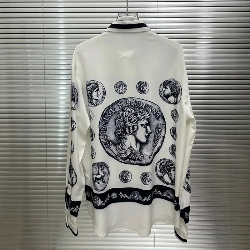 Men's shirt Vintage Character print 2025 Spring / Autumn Loose Version Classic Long-sleeved Lapel Fashion and leisure Top S-5XL