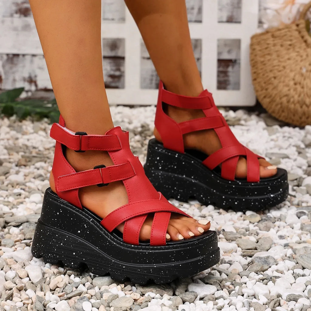 Women Sandals Summer Fashion Leather Platform Female Sandals Gladiator High Heels Sandals Women Chunky Outdoor Wedges Woman Shoe