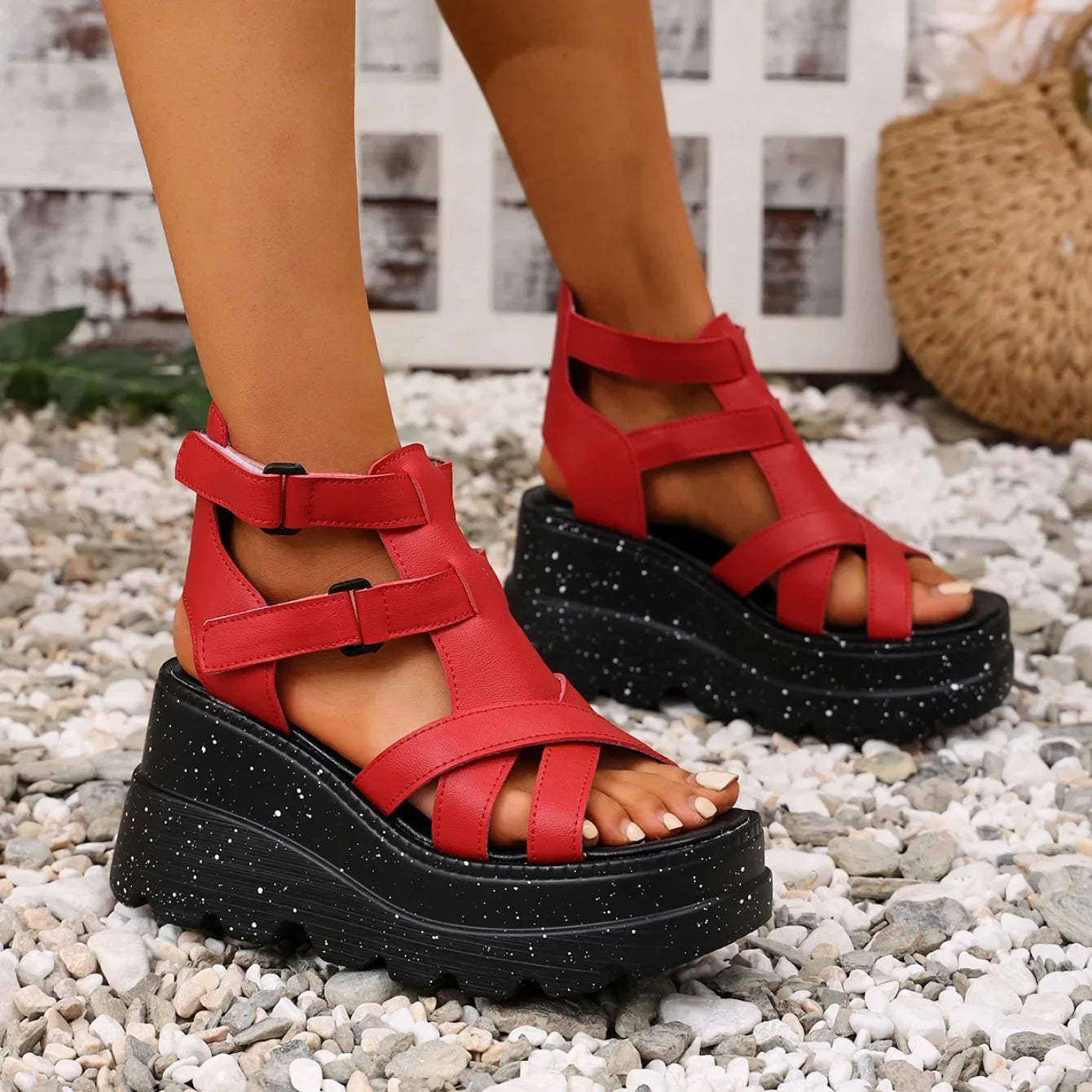 Women Sandals Summer Fashion Leather Platform Female Sandals Gladiator High Heels Sandals Women Chunky Outdoor Wedges Woman Shoe