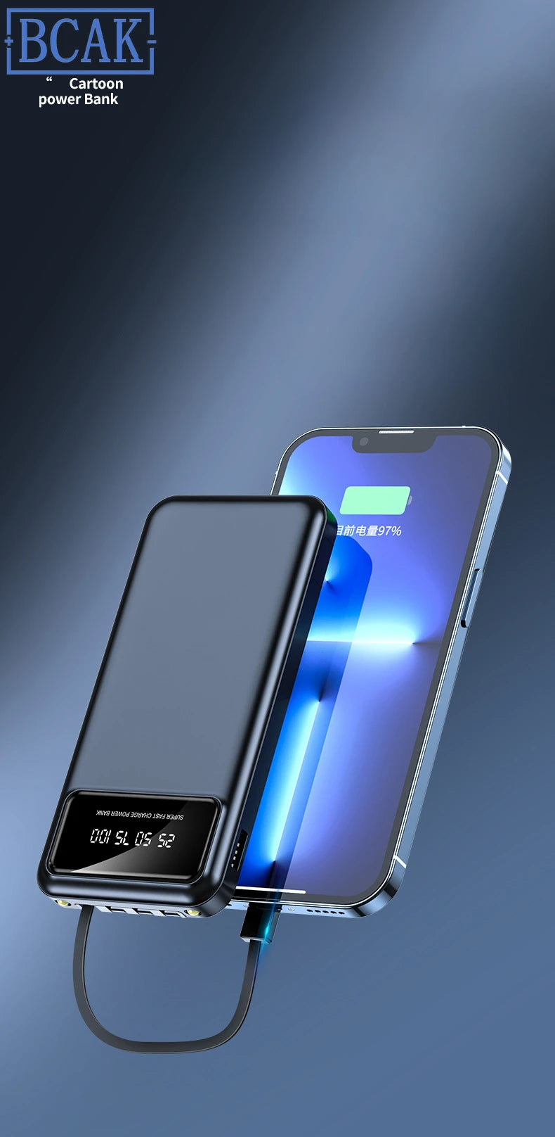 New Style BCAK power bank 20000mAh self-contained cable fast charging mini mobile phone gift mobile power supply