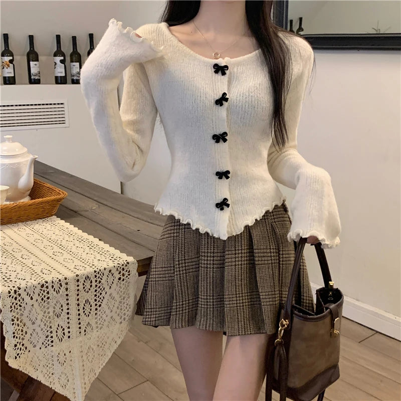 Women's V Neck Button Knit Tops Ruched Long Sleeve Cropped Cardigan Lady Autumn Winter Knitted Single-breasted Cardigan Sweaters