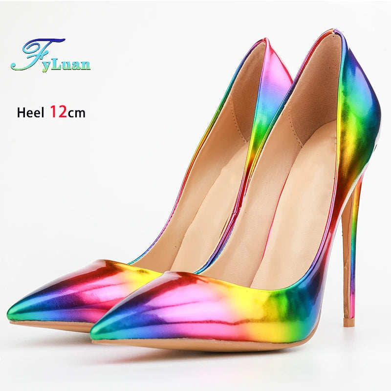 Brand Women High Heels 8-12CM Fashion Iridescent Pointed Toe Single Shoes Woman Thin Heel Summer Glossy Colorful Leather Pumps