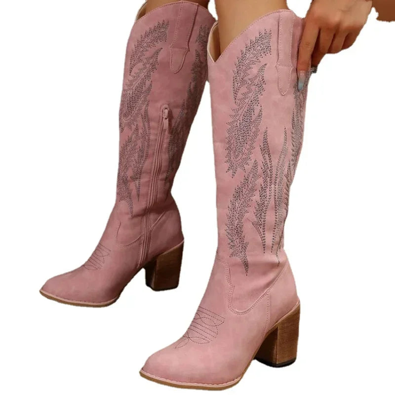 Women Thick Heels Western Boots Women  Autumn Chunky Heels Knee High Cowboy Boots Woman Pointed Toe Chunky Heeled Long Botas 202