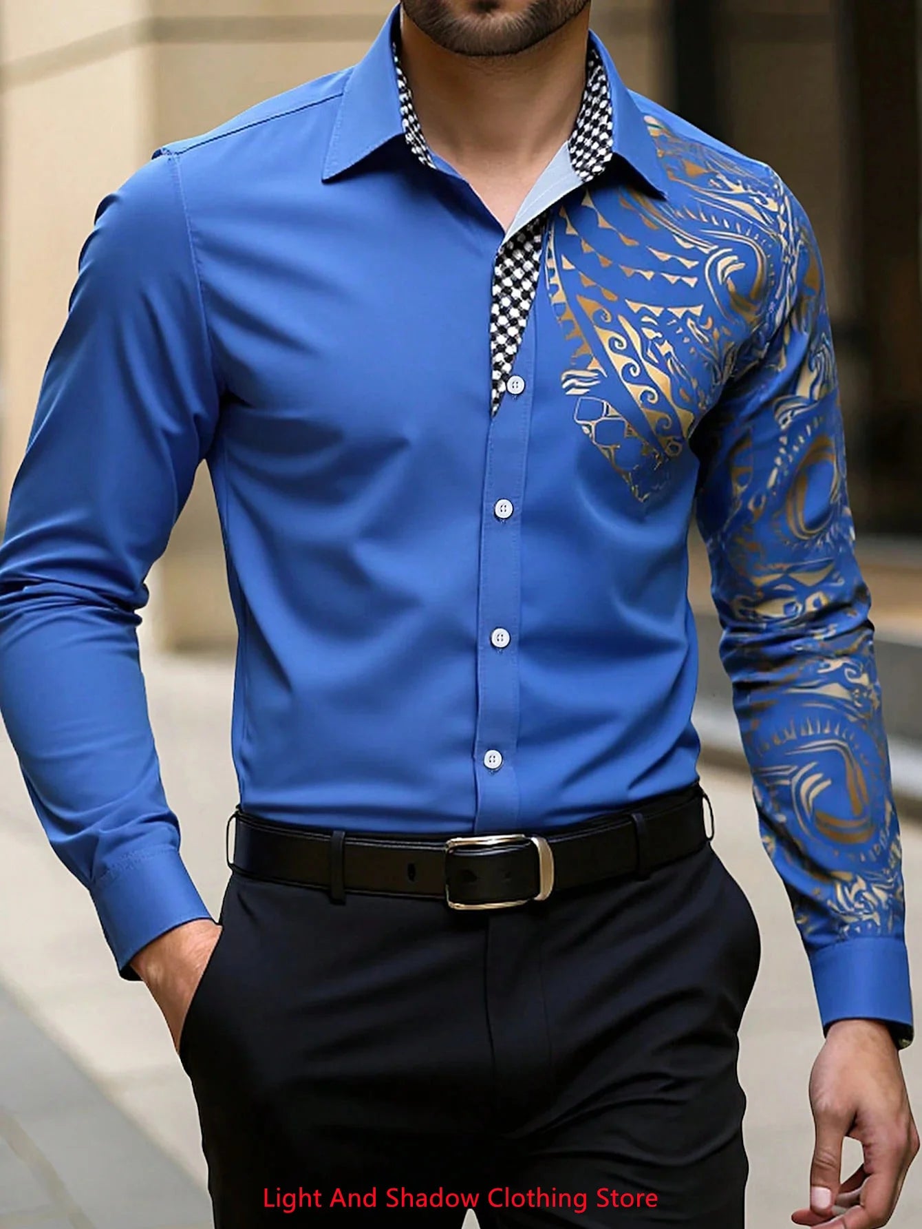 New men's fashionable business casual long sleeved shirt, classic printed collar, social party comfortable men's clothing