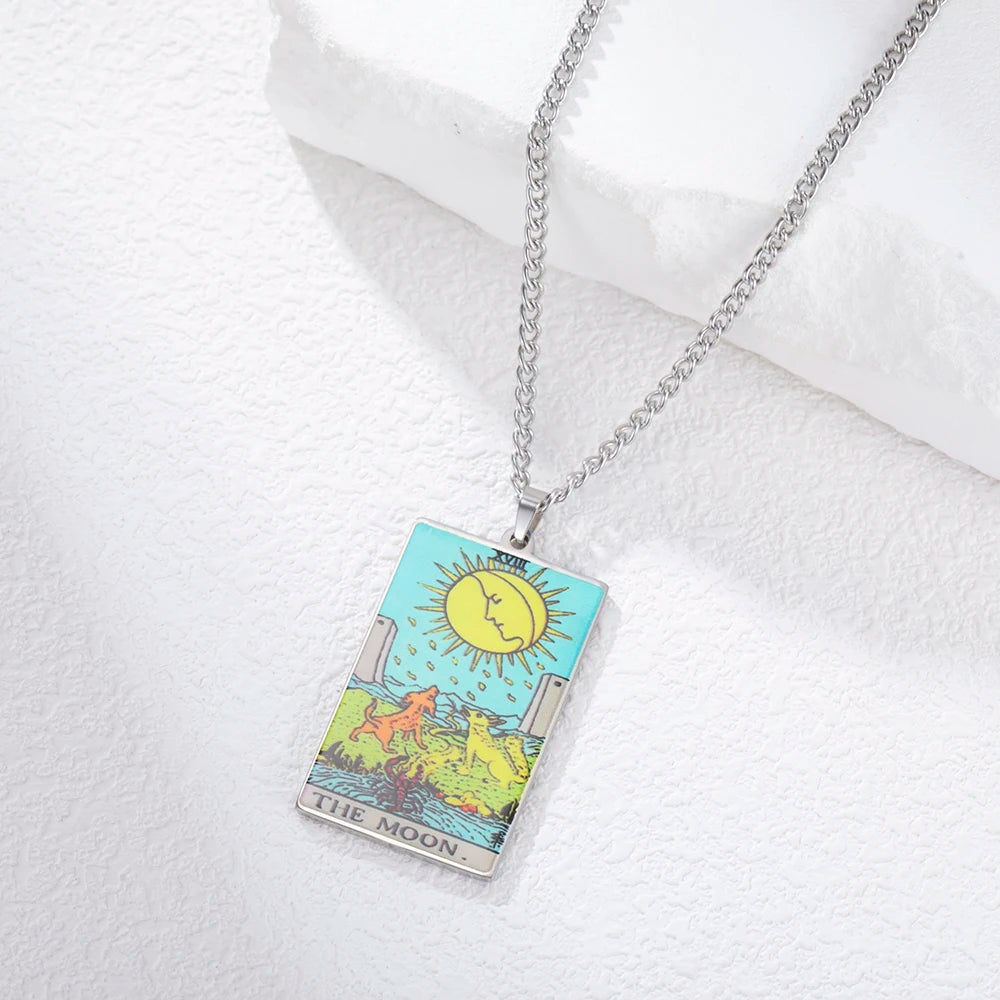 Dawapara 22 Styles Tarot Card Good Luck Amulet Necklace Sun Moon UV Colorful Pendant Stainless Steel Spiritual Jewelry