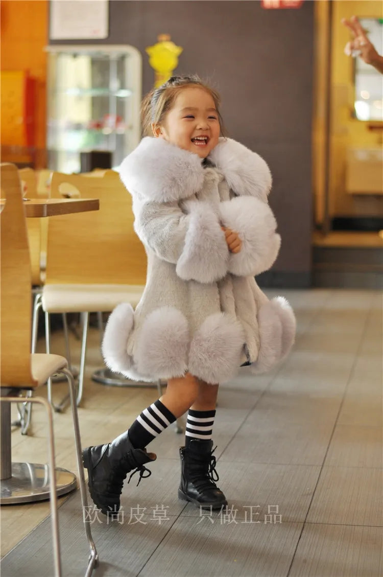 Winter Clothes for Girls 2023 New Kids Boutique Coat Thicken Korean Imitation Fur Autumn Fox Hair Cotton Warm Large Fur Collar