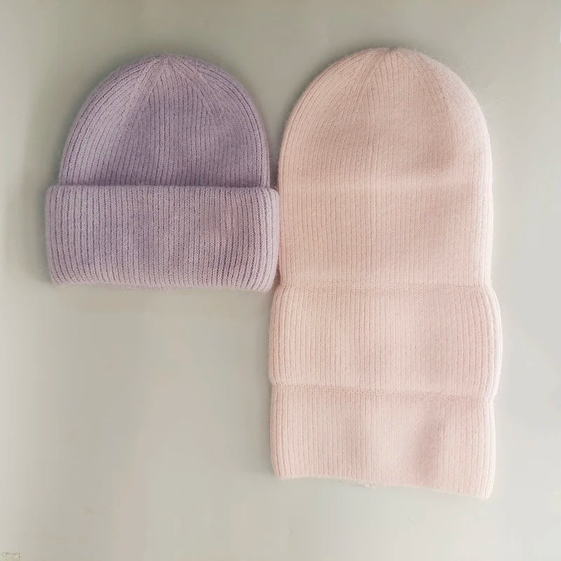 Winter Hat For Woman Double Fold Angora Hat Rabbit Fur Warm Cashmere Wool Soft Beanies Knitted Hat Women Outdoor Ski Female