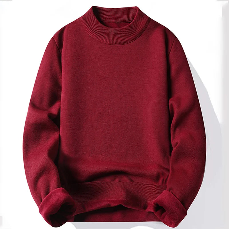 Winter New Men's Knitted Sweater with A Half High Collar Solid Color Plush and Warm Knitted Lining Top  Casual and Versatile Top