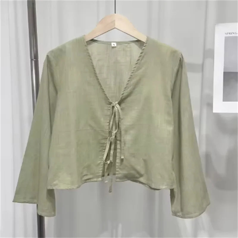 Casual Solid Lace Up Women Blouse Deep V-neck Long Sleeve Loose Female Shirt 2025 Spring Summer New Fashion Sweet Ladies Blouses