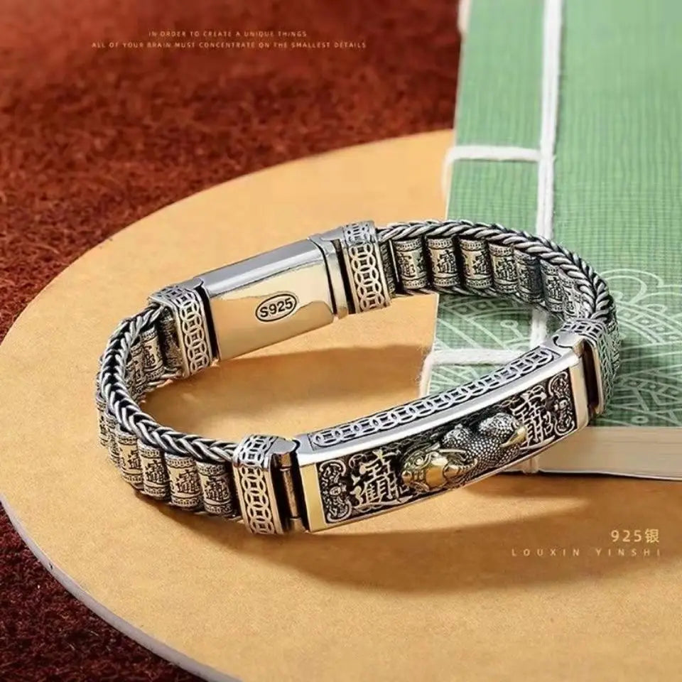 Vintage 100% Solid S925 Silver Retro Lucky Pixiu Man Bracelet Thick Style Domineering Trend Personality Jewelry