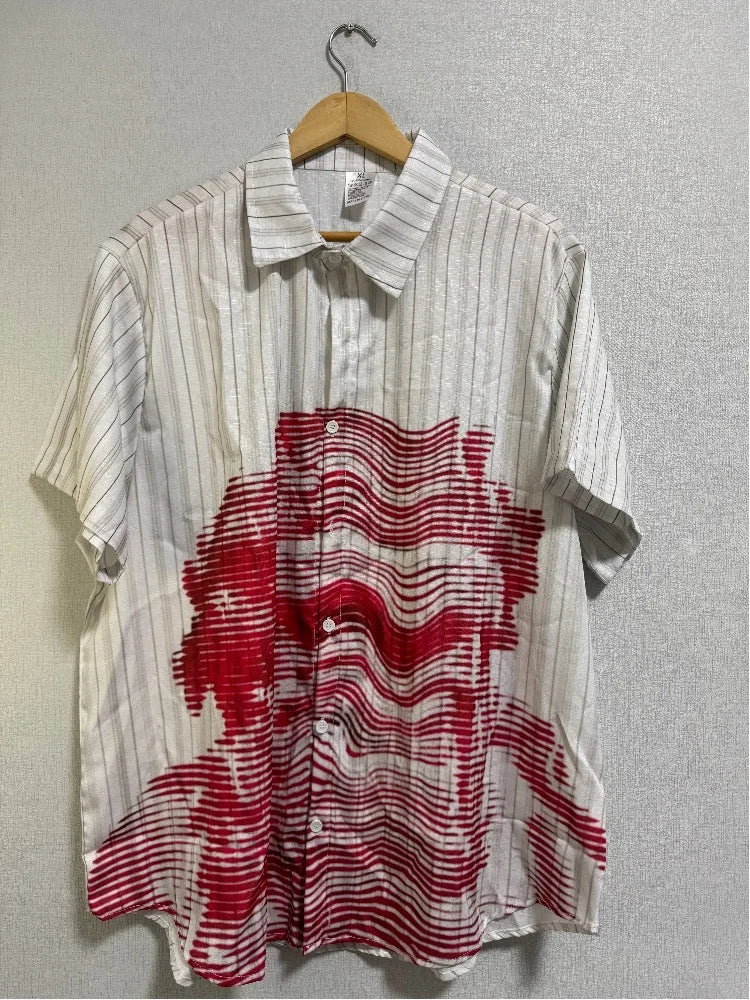 Men's Shirts with Graphic Print  Striped Short Sleeve Tee Y2K Vintage Clothes Oversized Linen Shirt Man