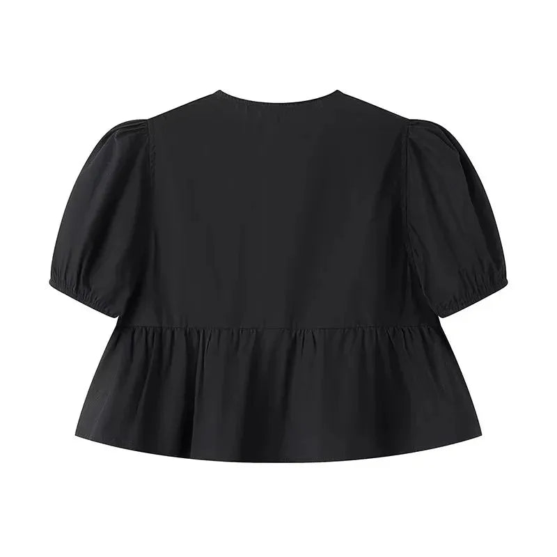 MUJER Ruffle Blouses Woman Puff Sleeve Shirts and Blouses for Women White Black Ruched Crop Top Female Ruched Women's Blouse