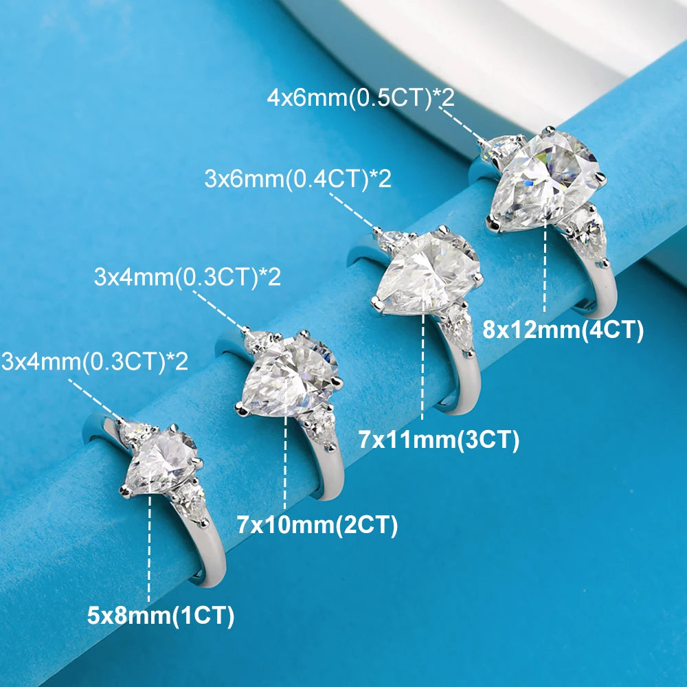 1/2/3/4ct Pear Cut All Moissanite Engagement Rings for Women 925 Sterling Silver 3-Stone Waterdrop Shape Wedding Bands Jewelry