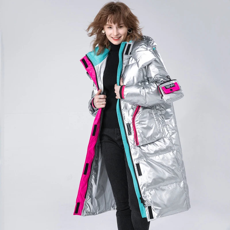 Winter Clothing Glossy Waterproof Coat Women Long 90% White Duck Down Coat Thick  Loose Outerwear Warm Down Jacket Hooded Parkas