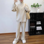Pant Set Women Two Piece Sets Stand Collar Full Sleeve Knit Tops Wide Leg Long Pants Lace Up Elastic Waist Y2k Streetwear
