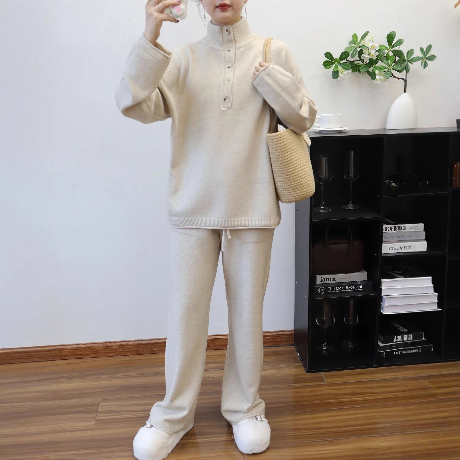 Pant Set Women Two Piece Sets Stand Collar Full Sleeve Knit Tops Wide Leg Long Pants Lace Up Elastic Waist Y2k Streetwear