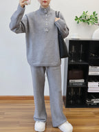 Pant Set Women Two Piece Sets Stand Collar Full Sleeve Knit Tops Wide Leg Long Pants Lace Up Elastic Waist Y2k Streetwear