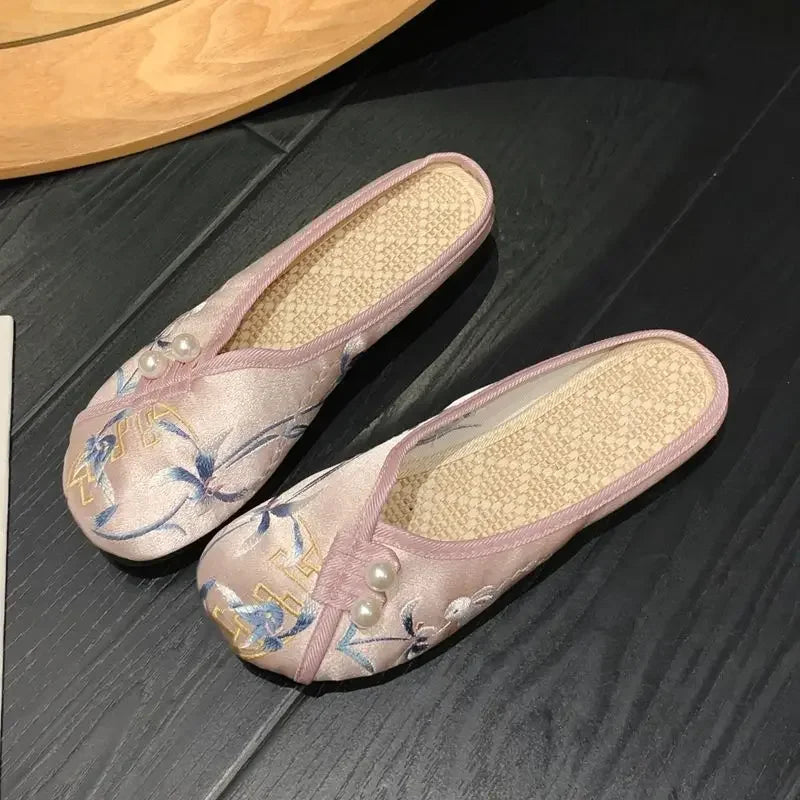 Woman Slippers Spring Autumn Soft Sole Baotou Flats Embroider Home Slippers Casual Shoes for Women Ethnic Style Outdoor Slippers