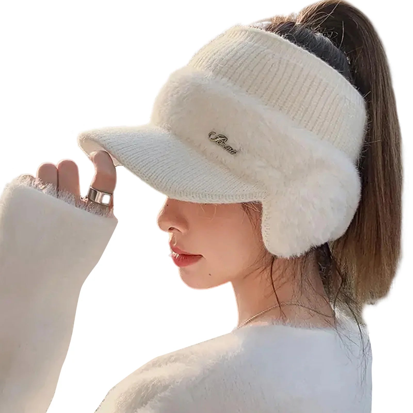 Winter Hat for Women New Fashion Winter Warm Ear Wing Knitted Cap Baseball Cap Outdoor Sports Windproof Ponytail Hat Visor