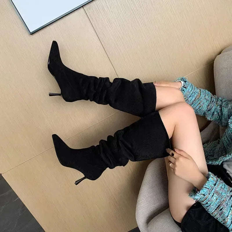 Women Pointed Toe Thin High Heels Ankle Boots  Autumn Fashion Pleated Cowboy Women Faux Suede Woman Slip on Western Botas