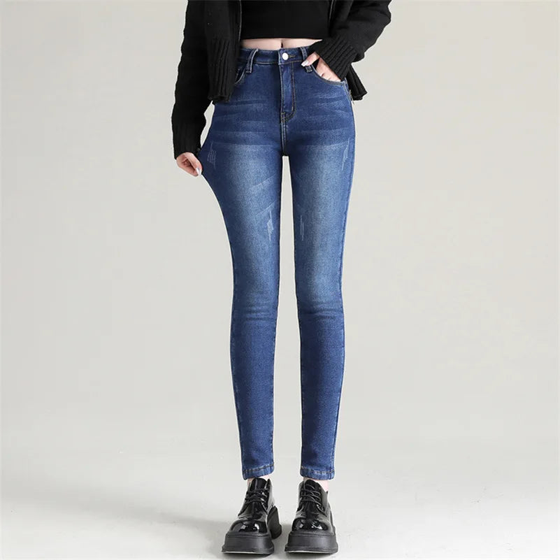 New Winter Women Snow Thermal Fleece Skinny Jeans Casual Lady Warm Velvet Thick Pencil Pants Female Basic Fleece Denim Trousers