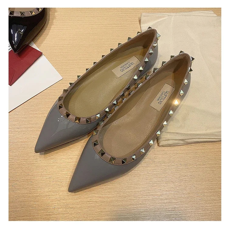 Women's Flat Shoes luxury woman shoes Leather Brand Rivet Flat Shoes Comfortable Casual Outdoor Pointed Toe Shallow Ladies shoes