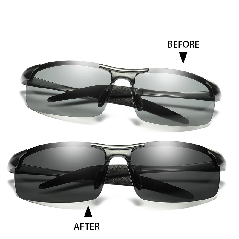 Fishing Sport Sunglasses Men Polarized UV400 Aluminum Rectangle Rimless Sun Glasses Photochromic Night Vision Eyewear