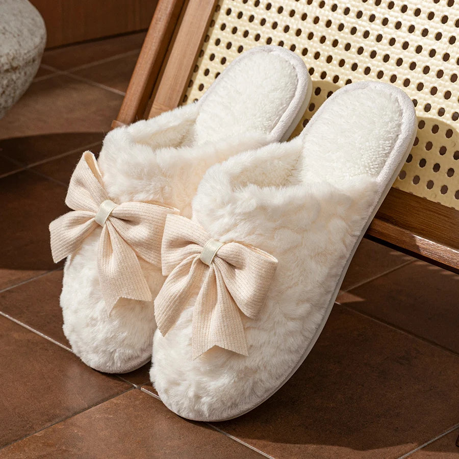 Women's Slippers Cute Bow Exquisite Winter Indoor Warm Comfort Breathability Soft Soled Fashion Home Casual Shoes