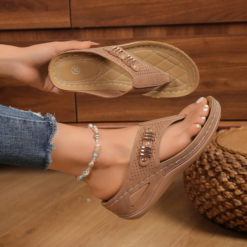 Woman Slippers Leather Non-Slip Soft Platform Shoes Flip Flops Summer Wedge Sandals Fashion Orthopedic Slippers Slides Women