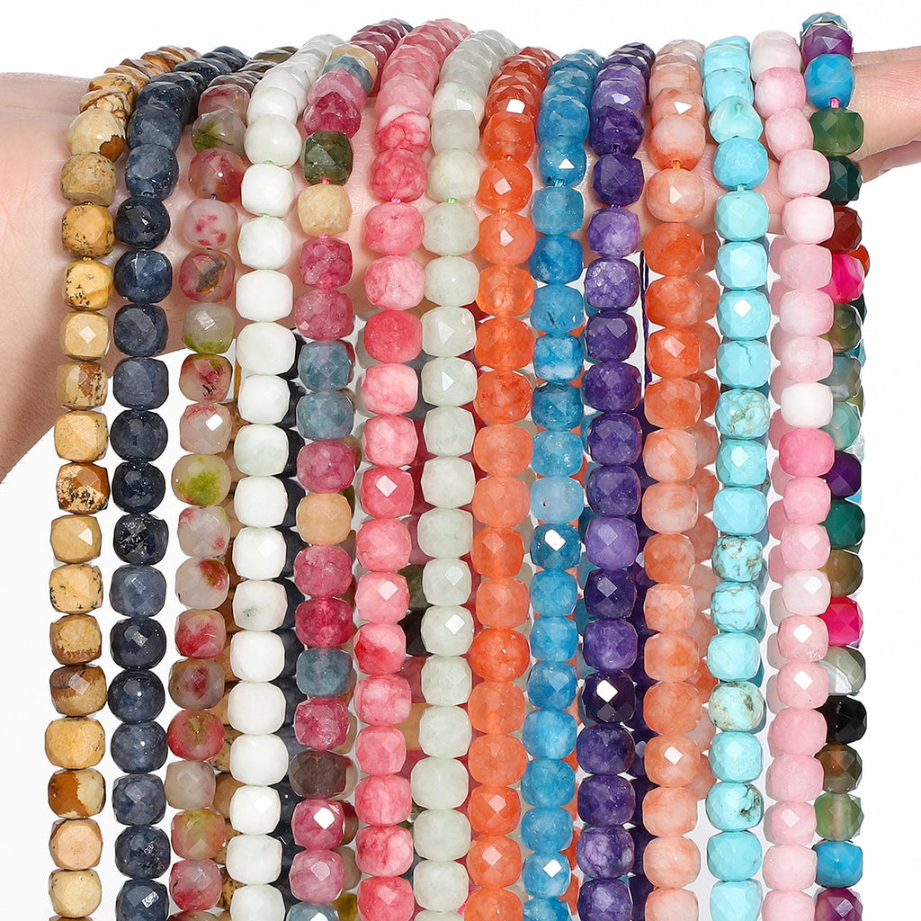 7-8mm Faceted Cube Beads Tourmaline Picture Jasper Agate Turquoise Amethyst Stone Beads for Jewelry Making Diy Accessories