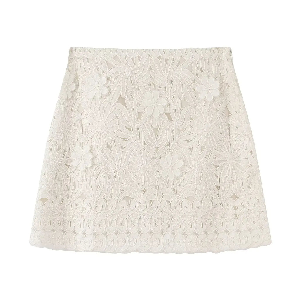 Women's Embroidery Crochet Hollow Shirts High Waist Skirt Suit Suit Mesh O-neck Full Sleeve Blouse Solid Color Skirt Set