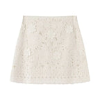 Women's Embroidery Crochet Hollow Shirts High Waist Skirt Suit Suit Mesh O-neck Full Sleeve Blouse Solid Color Skirt Set