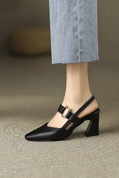 Sandals for Woman Summer 2024 High Heels One Word Women's Shoes Leather Pointed Toe Buckles Thick Heel Medium Footwear Comfort F