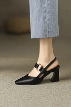 Sandals for Woman Summer 2024 High Heels One Word Women's Shoes Leather Pointed Toe Buckles Thick Heel Medium Footwear Comfort F