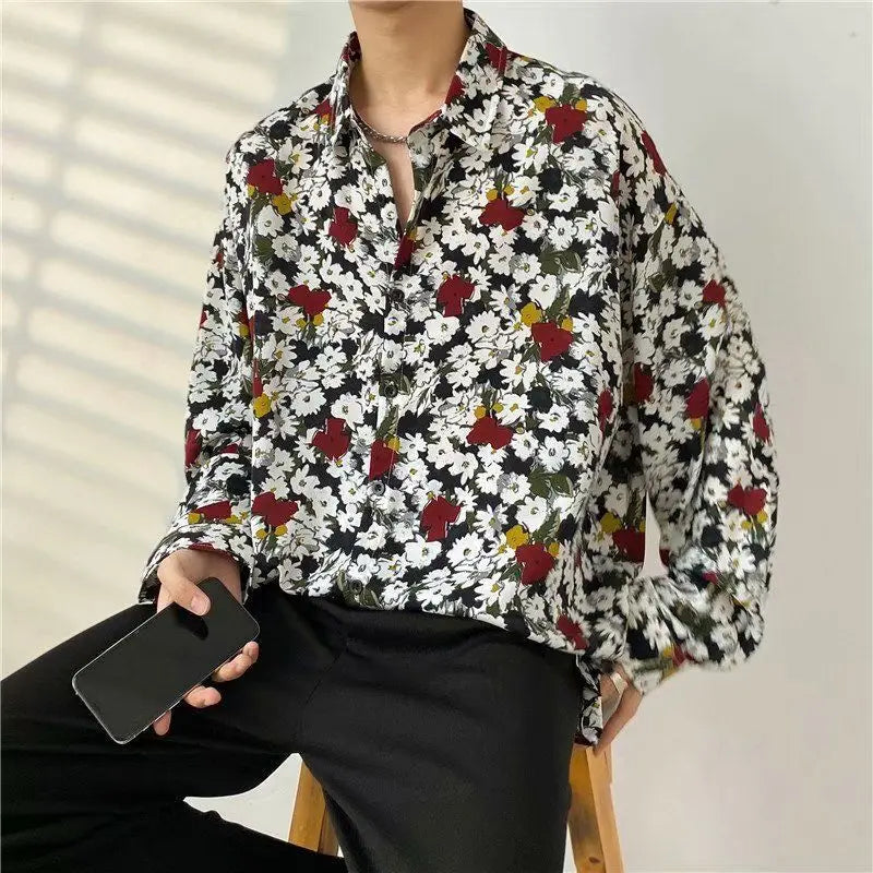 Shirt Men's Design Sense Is Niche Japanese Retro with Floral Patterns Lazy Style Rugged and Handsome Long Sleeved Shirt