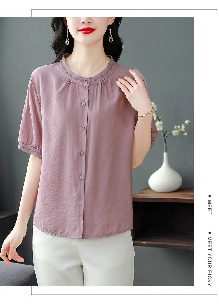 Embroidered Blouse Women Short Sleeve Summer Loose Slimming Top