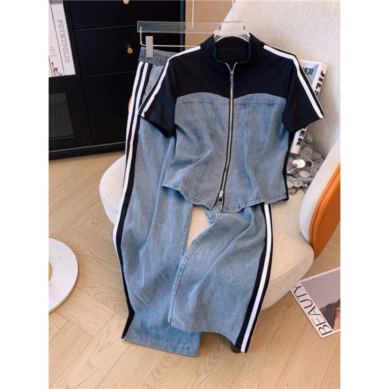 Pant Set Women Two Piece Sets Denim Splice Zipper Matching Sets Casual Coats Wide Leg Long Pants Lace Up Elastic Waist 2025