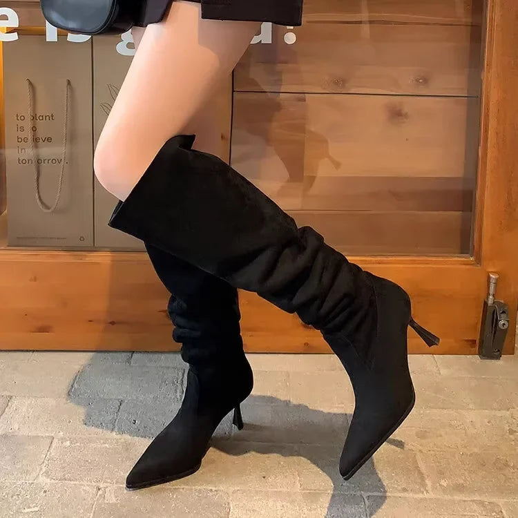 Women Pointed Toe Thin High Heels Ankle Boots  Autumn Fashion Pleated Cowboy Women Faux Suede Woman Slip on Western Botas