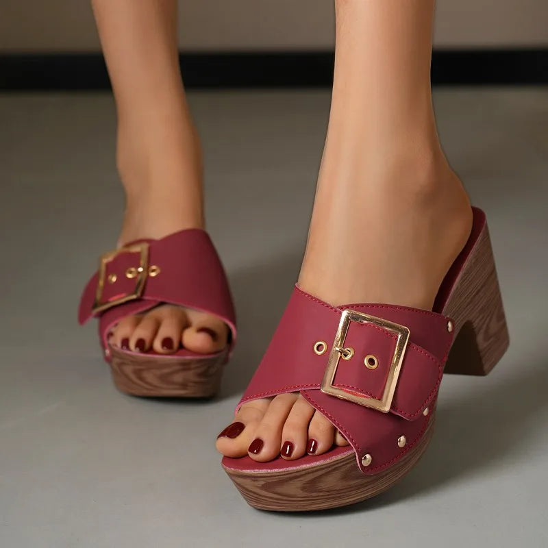Women Slippers 2025 Summer New Fashion Elegant Soft Platform Shoes Ladies Chunky Heels Buckle Designer Slippers