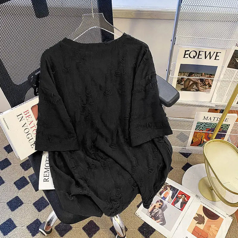 Embroidered Holes Short Sleeve T-Shirt Women Summer New Top