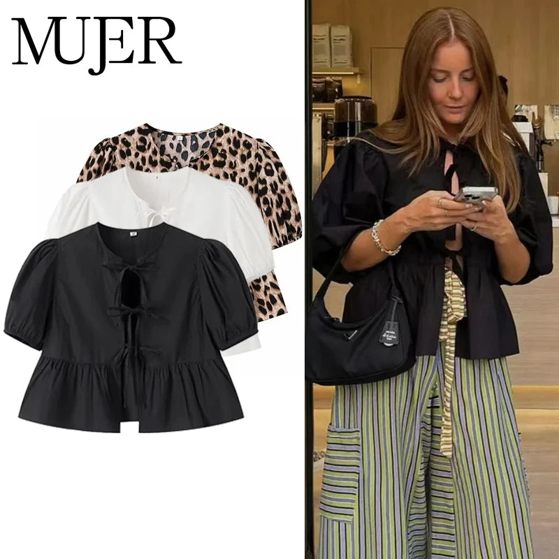 MUJER Ruffle Blouses Woman Puff Sleeve Shirts and Blouses for Women White Black Ruched Crop Top Female Ruched Women's Blouse