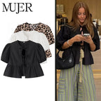 MUJER Ruffle Blouses Woman Puff Sleeve Shirts and Blouses for Women White Black Ruched Crop Top Female Ruched Women's Blouse