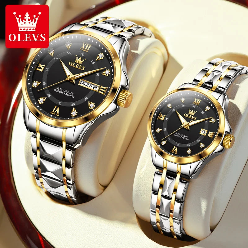 OLEVS 2906 Couple Watch Luxury Stainless Steel Waterproof Clock Fashion Roman Scale Diamond Calendar Dial Men Women Quartz Watch